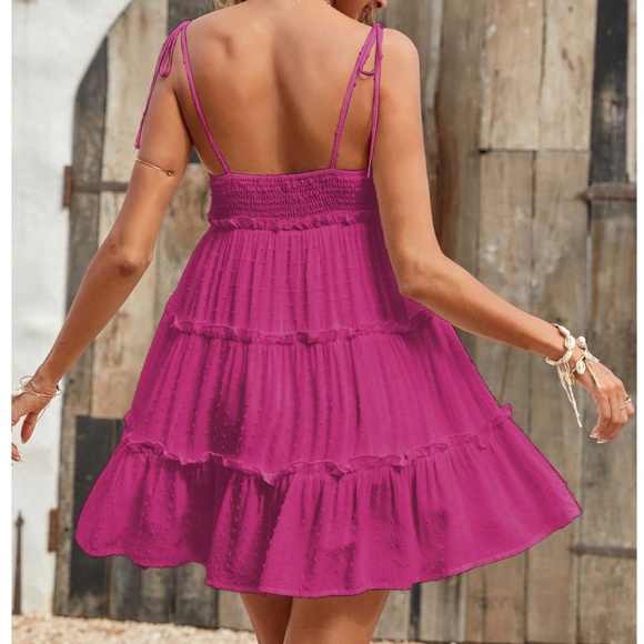 Swiss Dot Shoulder Tie Ruffle Hem Mini Dress - Picture 4 of 8